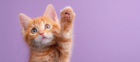 A cute ginger kitten with one paw raised, isolated on a pastel lavender background. The vibrant, commercial-style photo highlights the kitten's playful and curious nature.の素材