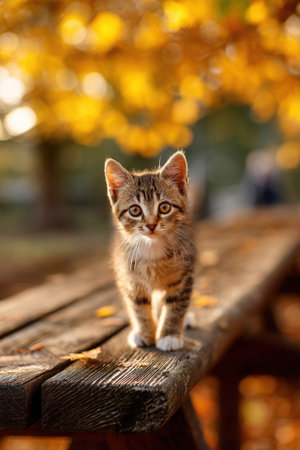 A cute kitten stands on a wooden park bench, surrounded by warm, golden autumn foliage. The soft focus enhances the charming fall atmosphere, creating a delightful scene.の素材