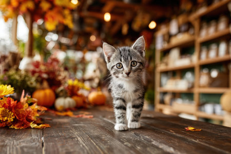 A cute kitten stands on a wooden table adorned with autumn decorations. The blurred store interior provides space for seasonal discount text, creating a cozy fall atmosphere.の素材