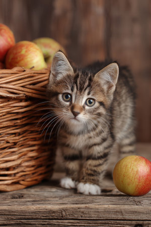 A cute kitten sits next to a wicker basket filled with apples, set against a rustic wooden background. The image features empty space on one side, ideal for adding price tags.の素材