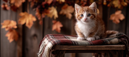 A cute kitten sits on a small stool draped with a plaid blanket, surrounded by decorative autumn leaves. The warm tones create a cozy and inviting atmosphere.の素材