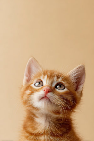 A cute ginger kitten gazes upward, centered at the bottom of a pastel cream background. The large open area above is perfect for adding seasonal sale copy or text.の素材
