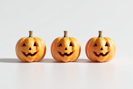 Photorealistic image of three classic Jack-o'-lanterns in a row on a clean white background. Ideal for webshops, banners, and Halloween-themed promotions, casting soft shadows.の素材