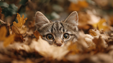 A cute kitten with perked ears peeks out from a pile of golden autumn leaves in the forest. Only its eyes and ears are visible, creating a humorous and charming fall scene.の素材