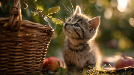 A cute kitten gently bites a leaf attached to an apple, with a wicker basket beside it in a sunlit orchard. The warm, golden light creates a serene and playful atmosphere.の素材