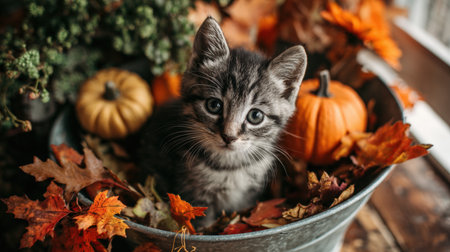 A cute kitten sits in a metal bucket surrounded by autumn leaves and small pumpkins. The warm tones and farmhouse style create a cozy, playful autumn atmosphere.の素材