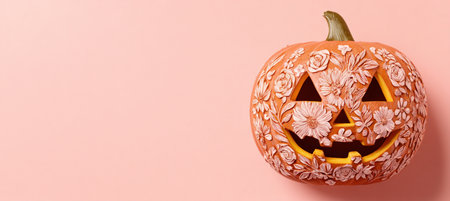 Close-up of a Jack-o'-lantern intricately carved with floral patterns, set against a solid light pink background. Perfect for elegant and creative design templates.の素材