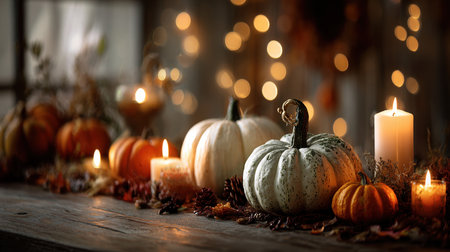 A cozy autumn table scene featuring pumpkins and candles along the bottom edge. The shallow depth-of-field background is perfect for adding text overlays, creating a warm ambiance.の素材