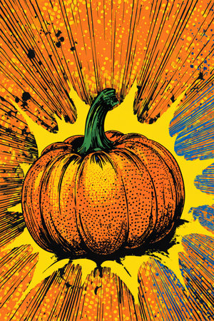 A dynamic pop-art style poster featuring a single Jack-o'-lantern with halftone texture and bold outlines. A comic-style explosion adds energy and vibrancy to the background.の素材
