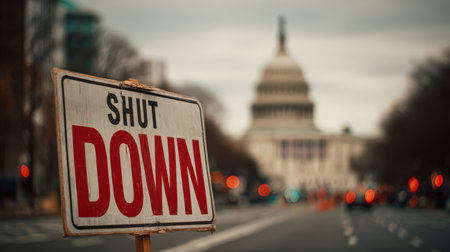 Close-up of a protest sign reading "SHUT DOWN" with the U.S. Capitol dome softly focused in the background, symbolizing political crisis. Captured in cloudy morning light.の素材