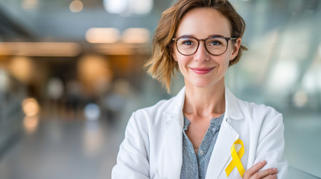 A smiling female healthcare professional wearing glasses and a lab coat with an awareness ribbon, standing confidently with folded arms in a modern interior, exuding trust and care.の素材