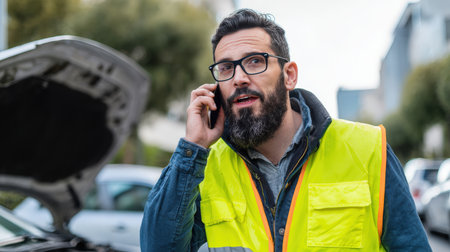 A male mechanic with a beard and glasses, wearing a neon safety vest, checks under a car hood while speaking on a mobile phone. The urban street background adds urgency and professionalism.の素材