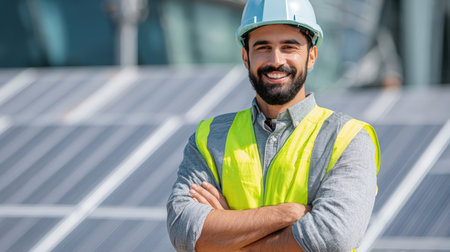 Middle Eastern male solar engineer in safety vest and helmet, smiling confidently with arms crossed. He stands on a rooftop with solar panels, representing green technology and innovation.の素材
