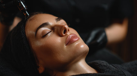 A young woman enjoys a hydrotherapy spray facial at a beauty salon, eyes closed in relaxation. A spa professional in a black uniform is blurred in the background, creating a calm atmosphere.の素材