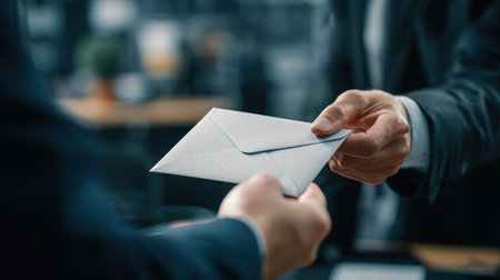 A businessman in a suit hands an envelope to another person, with a blurred office chair in the background. This cinematic image symbolizes official paperwork or agreements in a workplace.の素材