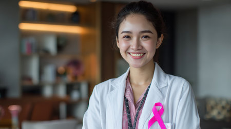 Young Asian woman in medical uniform with a pink ribbon for breast cancer awareness, smiling warmly in a cozy, modern professional office setting.の素材