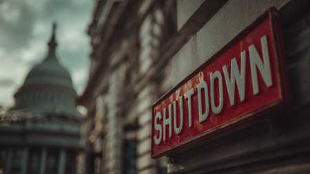 A red "SHUT DOWN" sign contrasts with the classical architecture of the Capitol. The muted color palette and high contrast create a sense of urgency and tension in a cinematic style.の素材