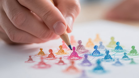 A close-up image of a hand using a pencil to draw colorful interconnected people icons, symbolizing teamwork, networking, and communication strategies in a business context.の素材