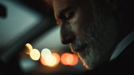 A mature man with a salt-and-pepper beard, wearing a formal jacket, appears to be falling asleep behind the wheel. Blurred headlights of traffic create a moody late-evening atmosphere.の素材