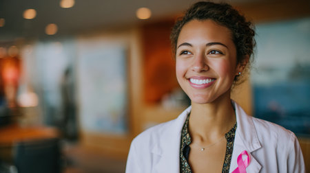A young female physician, exuding professionalism and confidence, smiles warmly in a modern office. She wears a medical coat adorned with a pink breast cancer awareness ribbon.の素材