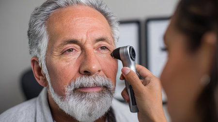 A mature man with a salt-and-pepper beard is examined for hearing issues using an otoscope in a modern doctor's office. The setting features soft neutral colors, creating a professional vibe.の素材