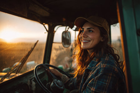 A young female farmer joyfully drives a tractor across a green field at sunset. The warm golden light creates a cinematic and natural rural atmosphere, capturing her happiness.の素材
