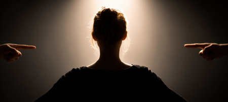 Silhouetted woman stands resiliently against pointing hands, symbolizing defiance and strength. Dramatic backlighting enhances the concept of resisting judgment and criticism.の素材