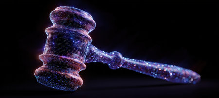 A digital gavel made of holographic light, representing a futuristic interpretation of the justice system. The cinematic style adds a sci-fi touch to this innovative concept.の素材