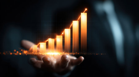 A glowing financial graph rises upward from a hand in a suit, symbolizing success in a futuristic business presentation style. The image conveys growth and achievement.の素材