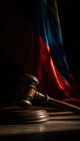 A symbolic gavel and the Russian flag are dramatically illuminated, highlighting shadow contrasts and textures in a dark courtroom aesthetic.の素材