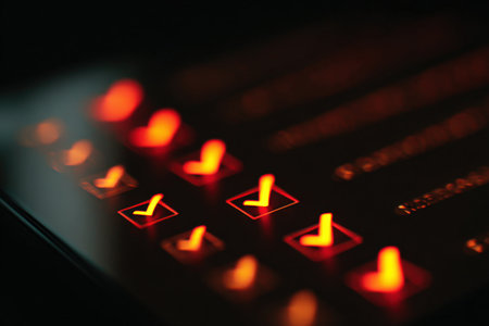 A cinematic macro shot showcasing glowing checklist icons on a digital tablet. This minimalistic composition symbolizes productivity and success in a digital context.の素材