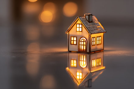 A glowing house model on a reflective surface symbolizes home investment. The cinematic luxury tone enhances the concept of real estate and financial growth.の素材