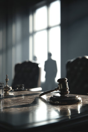 A gavel rests on a polished table in a legal consultation room, with two professionals silhouetted against large windows, creating a storytelling composition in daylight.の素材
