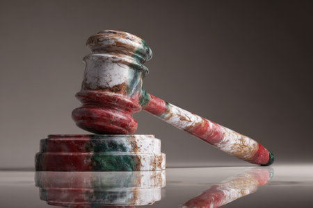 A marble gavel reflecting the colors of the Italian flag sits on a base, creating a surreal and conceptual representation of justice. The composition blends art and symbolism.の素材