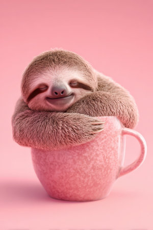 A cute sloth is curled around a large coffee mug, exuding cozy and playful vibes. The image features cinematic macro detail against a minimalist pink background.の素材