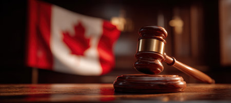 A judge's gavel captured mid-swing above a desk, with a Canadian flag waving in the background. The image features motion blur and dramatic lighting, emphasizing a sense of justice.の素材