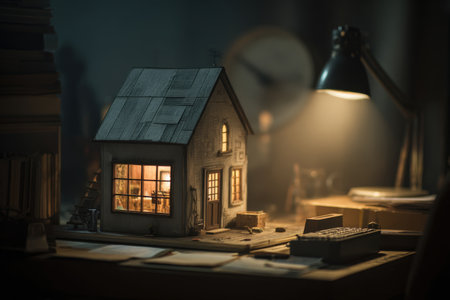 A cinematic night office scene featuring a miniature house illuminated by a desk lamp. The moody lighting creates a storytelling business atmosphere, enhancing the visual narrative.の素材