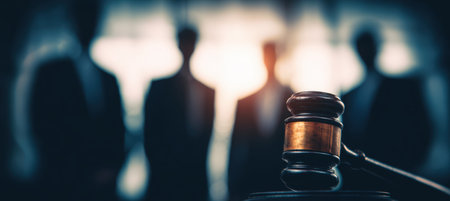 A gavel in focus with blurred professionals in suits in the background, representing the justice system in a cinematic storytelling style.の素材