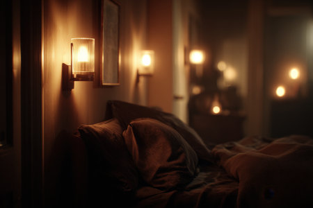 A serene nighttime bedroom scene featuring dim wall lights casting warm tones. The cinematic, soft focus creates a cozy and inviting atmosphere, perfect for relaxation.の素材