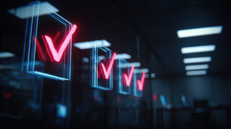 A series of glowing checkmarks in a digital hologram style, symbolizing successful project completion, set against cinematic office lighting for a futuristic ambiance.の素材