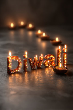 Artistic "Diwali" text formed with glowing diyas, set against a clean background. Soft lighting and shadows enhance the festive, minimalistic concept, celebrating the Diwali festival.の素材
