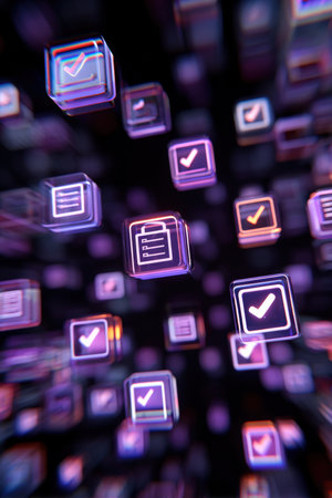 A 3D visualization of checklist icons floating in a dynamic data stream, showcasing futuristic productivity with cinematic realism. Ideal for technology and productivity themes.の素材
