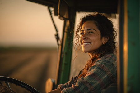 A Latina farmer joyfully drives a green tractor in a wide field during golden hour. The cinematic realism and warm lighting capture the essence of rural life and agriculture.の素材