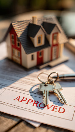 A small model house and keychain rest on paperwork marked "APPROVED," symbolizing mortgage success. Captured in professional daylight, this image conveys financial achievement.の素材