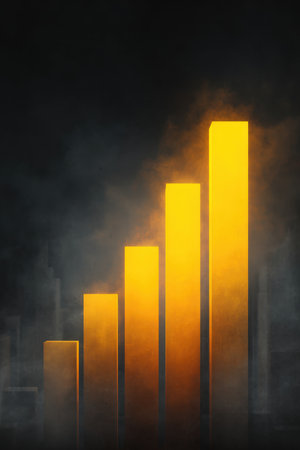 Artistic depiction of success with glowing yellow bars rising against a clean dark background, symbolizing growth and achievement in a realistic, abstract style.の素材