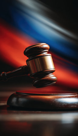 Close-up image of a gavel striking its base, with a motion blur of Russian flag colors in the background, creating a cinematic courtroom intensity.の素材