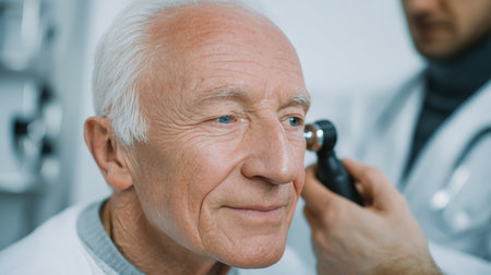 An elderly man with grey hair receives an otoscopy checkup in a white sterile clinic. The calm atmosphere and blurred medical instruments emphasize the clinical setting.の素材