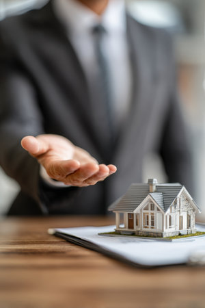 A real estate agent in a suit gestures towards a model house on a table, illustrating an investment plan. The image features cinematic realism with a shallow focus effect.の素材