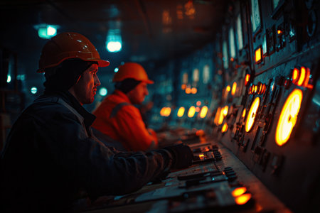 Engineers work in an industrial control room during a night shift, illuminated by orange safety lights. The scene captures cinematic tension and realism, highlighting their focus and dedication.の素材