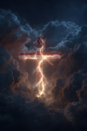 A cross with the American flag design glows amidst storm clouds, illuminated by dramatic lightning. This high-contrast image symbolizes spiritual and national themes.の素材